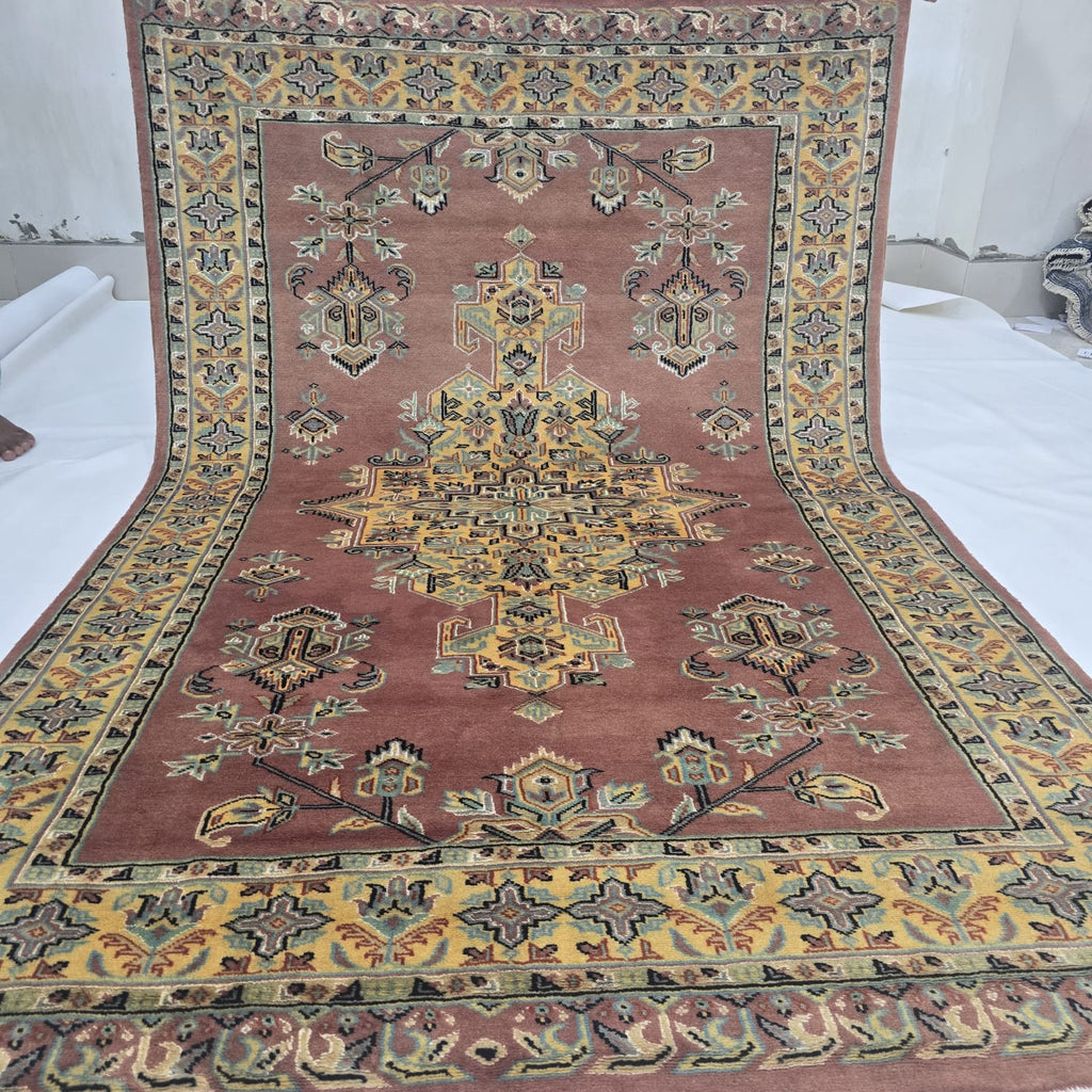 4x6 Handmade Kafkazi Copper Rug – Azo Free Geometric Wool, Cotton & Silk Touch Area Rug