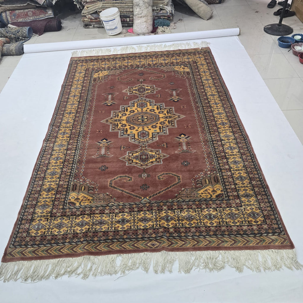 6.5x9.5 Handmade Kafkazi Copper Area Rug – Azo Free Geometric Wool, Cotton & Silk Touch Rug