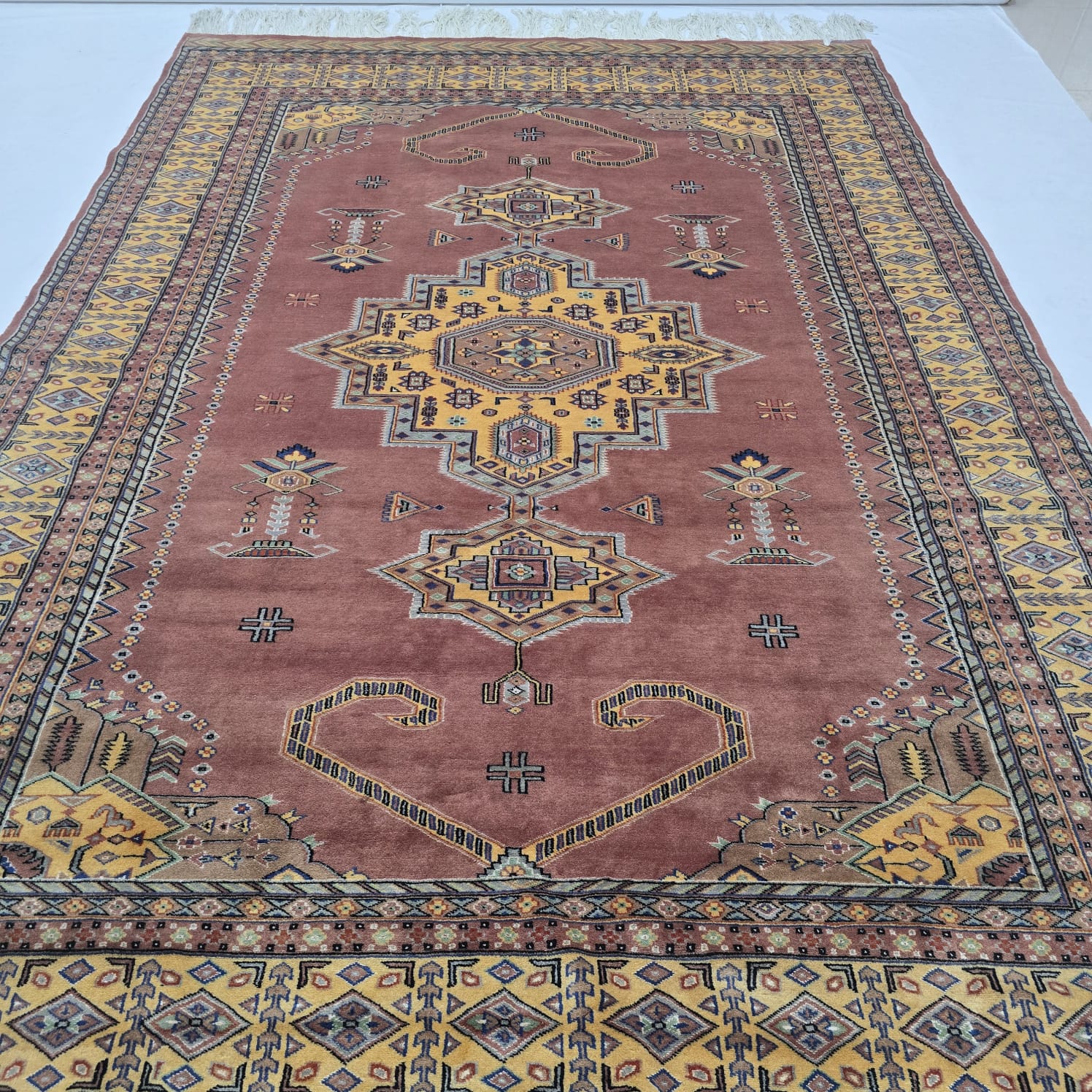 6.5x9.5 Handmade Kafkazi Copper Area Rug – Azo Free Geometric Wool, Cotton & Silk Touch Rug