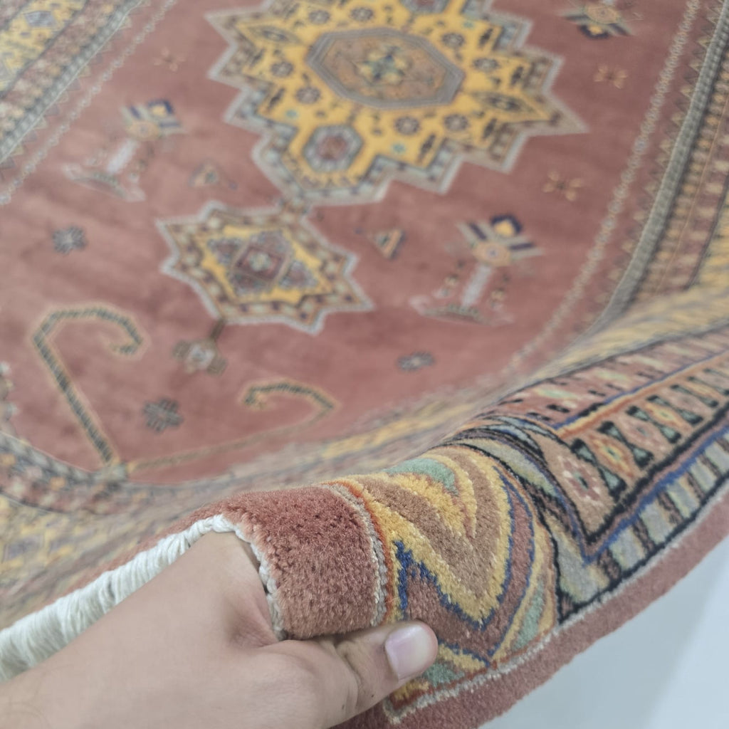 6.5x9.5 Handmade Kafkazi Copper Area Rug – Azo Free Geometric Wool, Cotton & Silk Touch Rug
