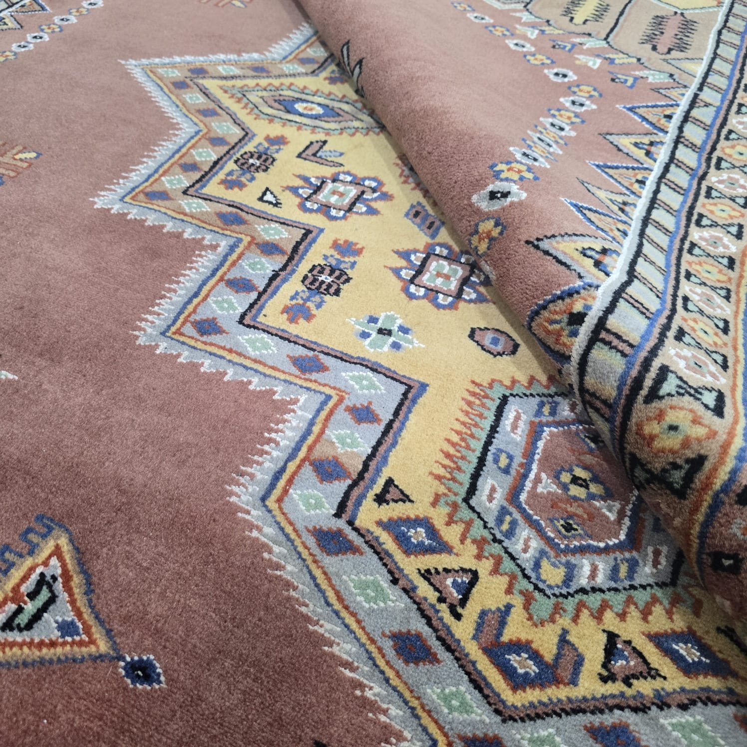 6.5x9.5 Handmade Kafkazi Copper Area Rug – Azo Free Geometric Wool, Cotton & Silk Touch Rug