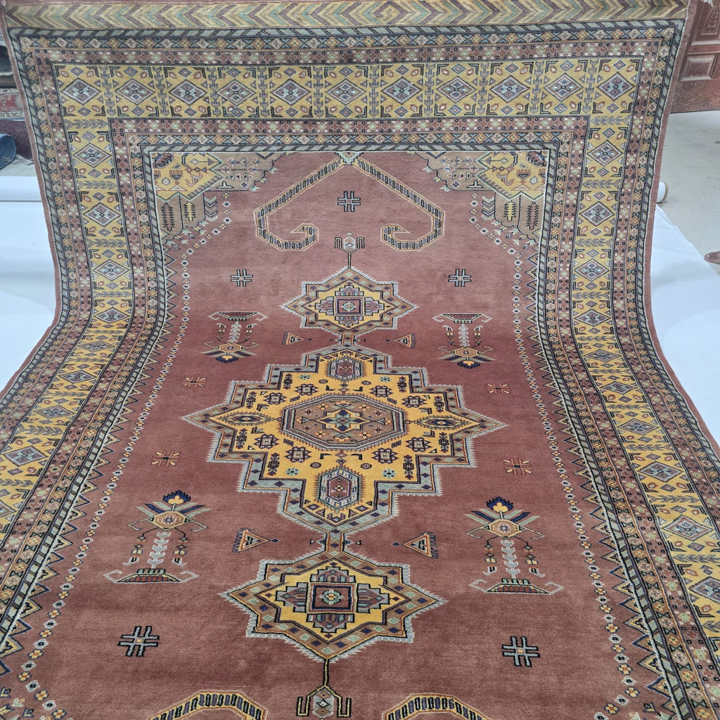 6.5x9.5 Handmade Kafkazi Copper Area Rug – Azo Free Geometric Wool, Cotton & Silk Touch Rug