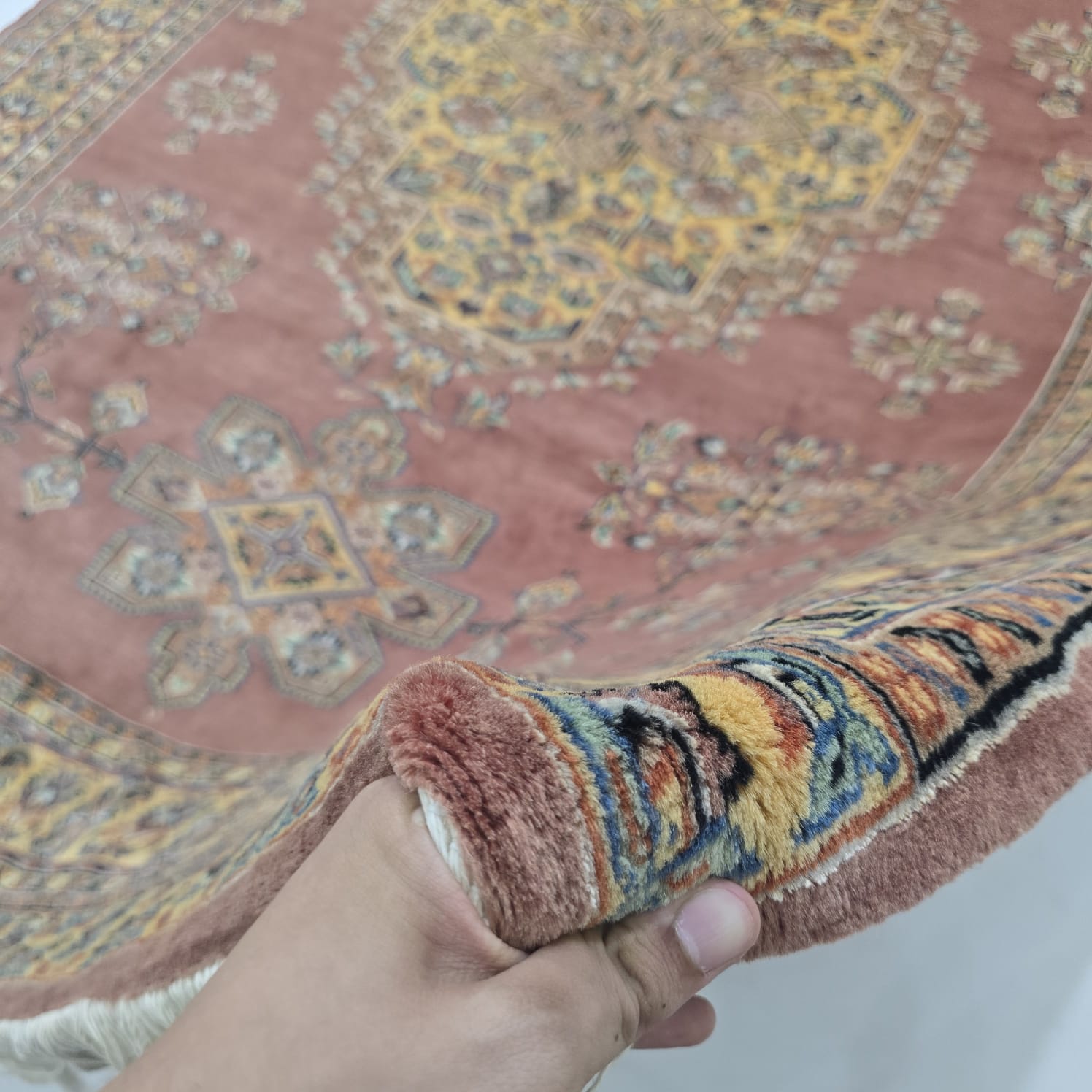 7x10 Handmade Kafkazi Rug – Copper Geometric Wool & Cotton Area Rug | Azo-Free Silk Touch Carpet