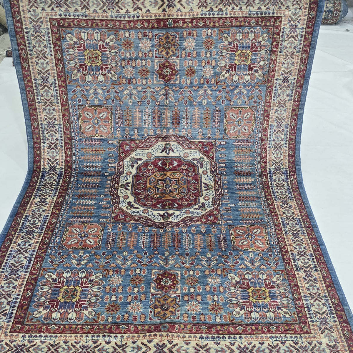 5x7 Blue Super Kazak Geometric Area Rug | Handmade Wool & Cotton Rug