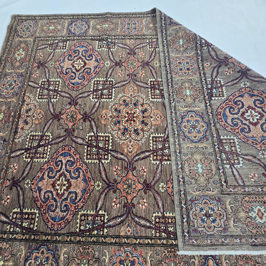 6x9 Brown Super Kazak Geometric Area Rug | Handmade Wool & Cotton Rug