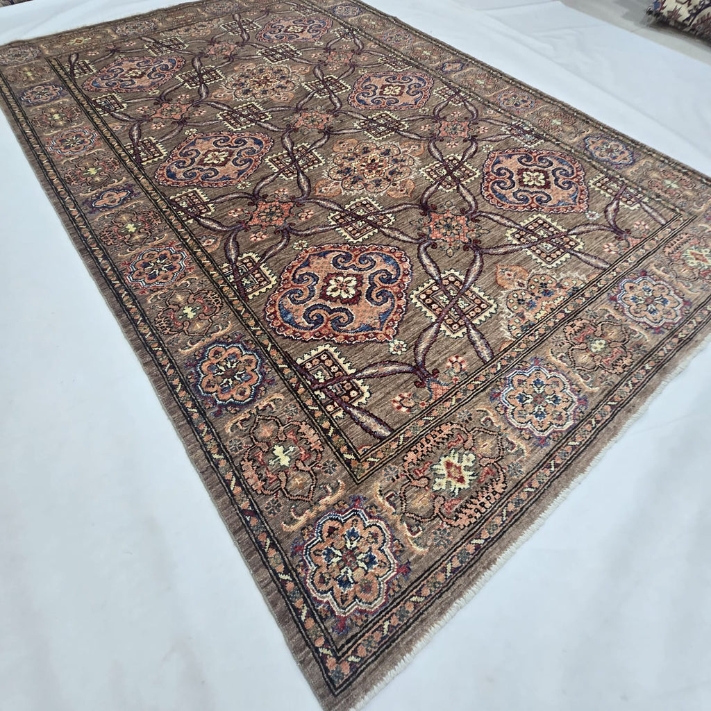 6x9 Brown Super Kazak Geometric Area Rug | Handmade Wool & Cotton Rug