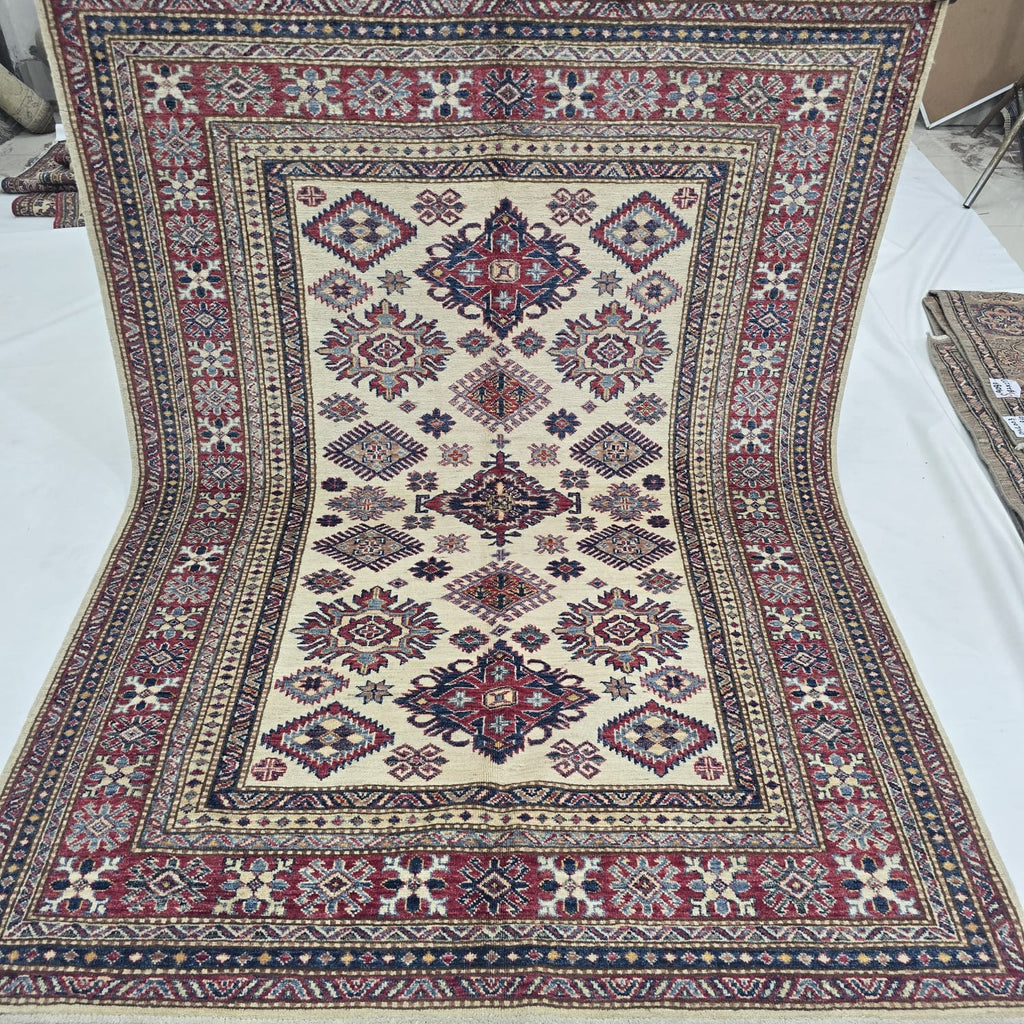 5x7 Beige Super Kazak Geometric Handmade Cotton & Wool Rug | Premium Luxury Area Rug