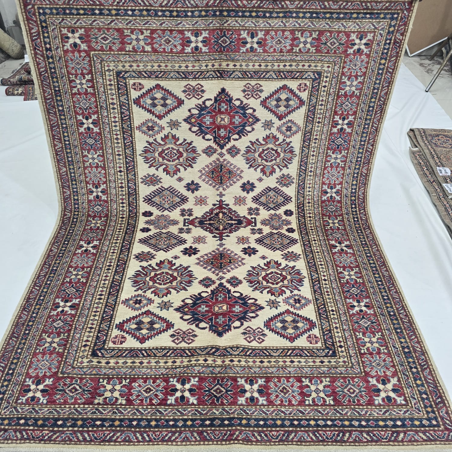 5x7 Beige Super Kazak Geometric Handmade Cotton & Wool Rug | Premium Luxury Area Rug