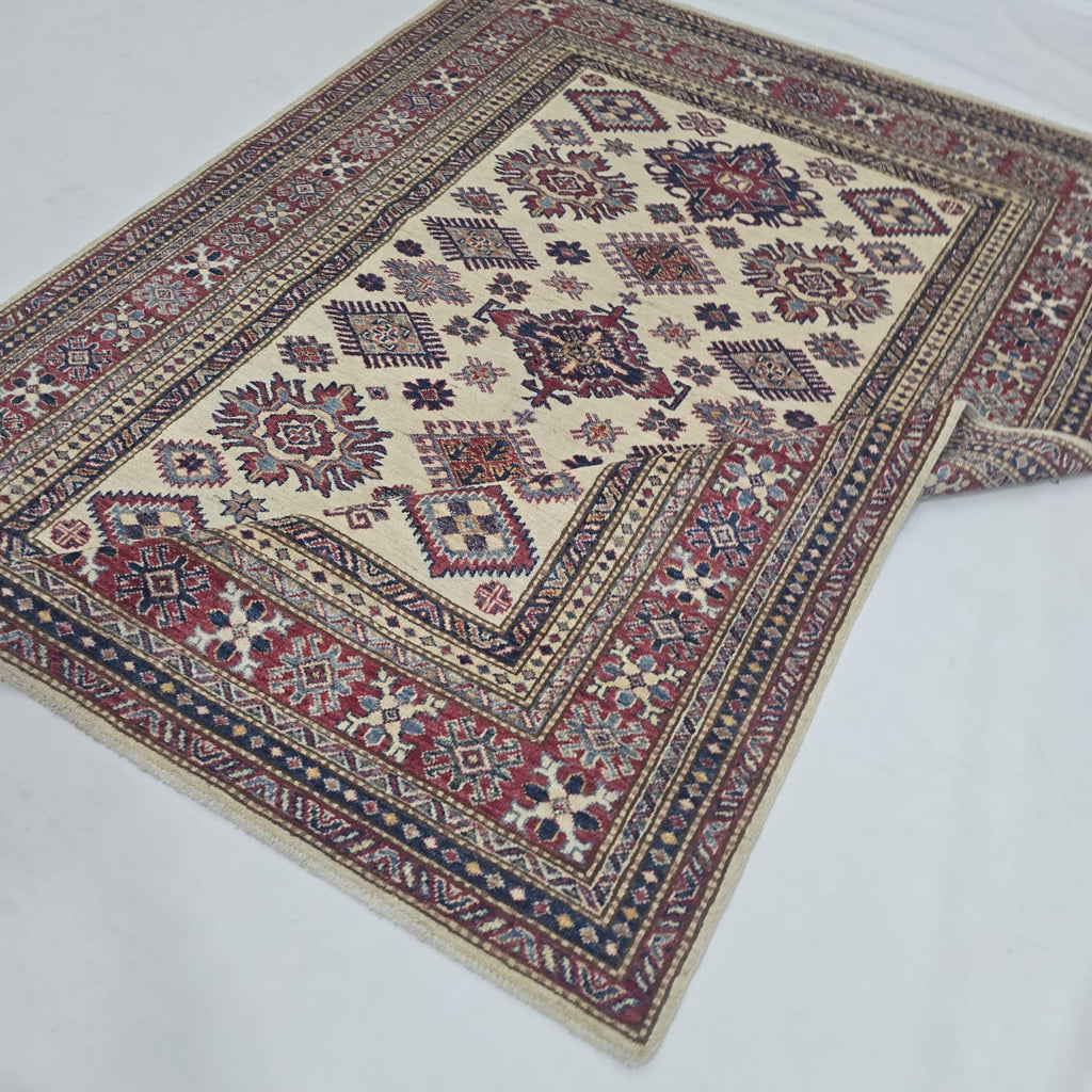5x7 Beige Super Kazak Geometric Handmade Cotton & Wool Rug | Premium Luxury Area Rug