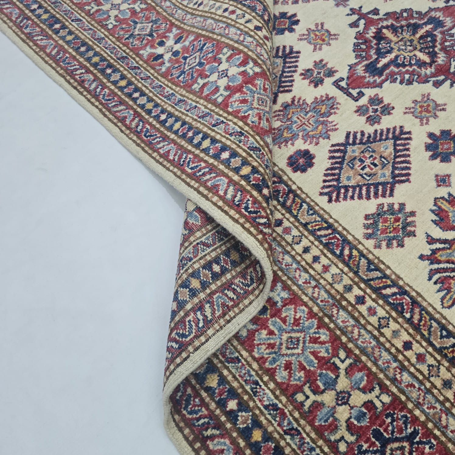 5x7 Beige Super Kazak Geometric Handmade Cotton & Wool Rug | Premium Luxury Area Rug