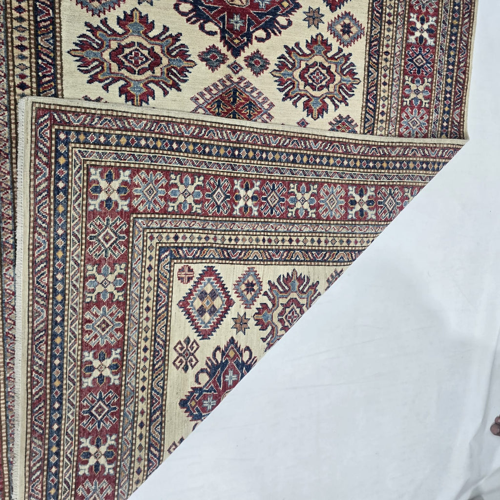 5x7 Beige Super Kazak Geometric Handmade Cotton & Wool Rug | Premium Luxury Area Rug
