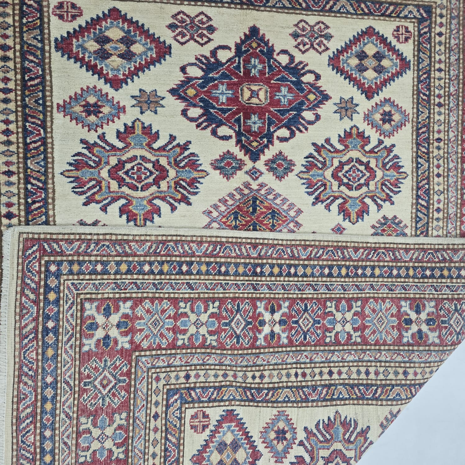 5x7 Beige Super Kazak Geometric Handmade Cotton & Wool Rug | Premium Luxury Area Rug