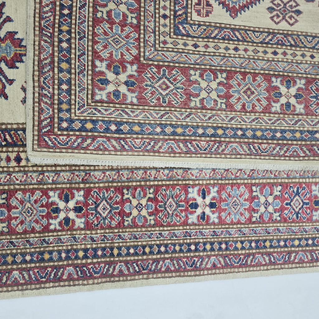 5x7 Beige Super Kazak Geometric Handmade Cotton & Wool Rug | Premium Luxury Area Rug