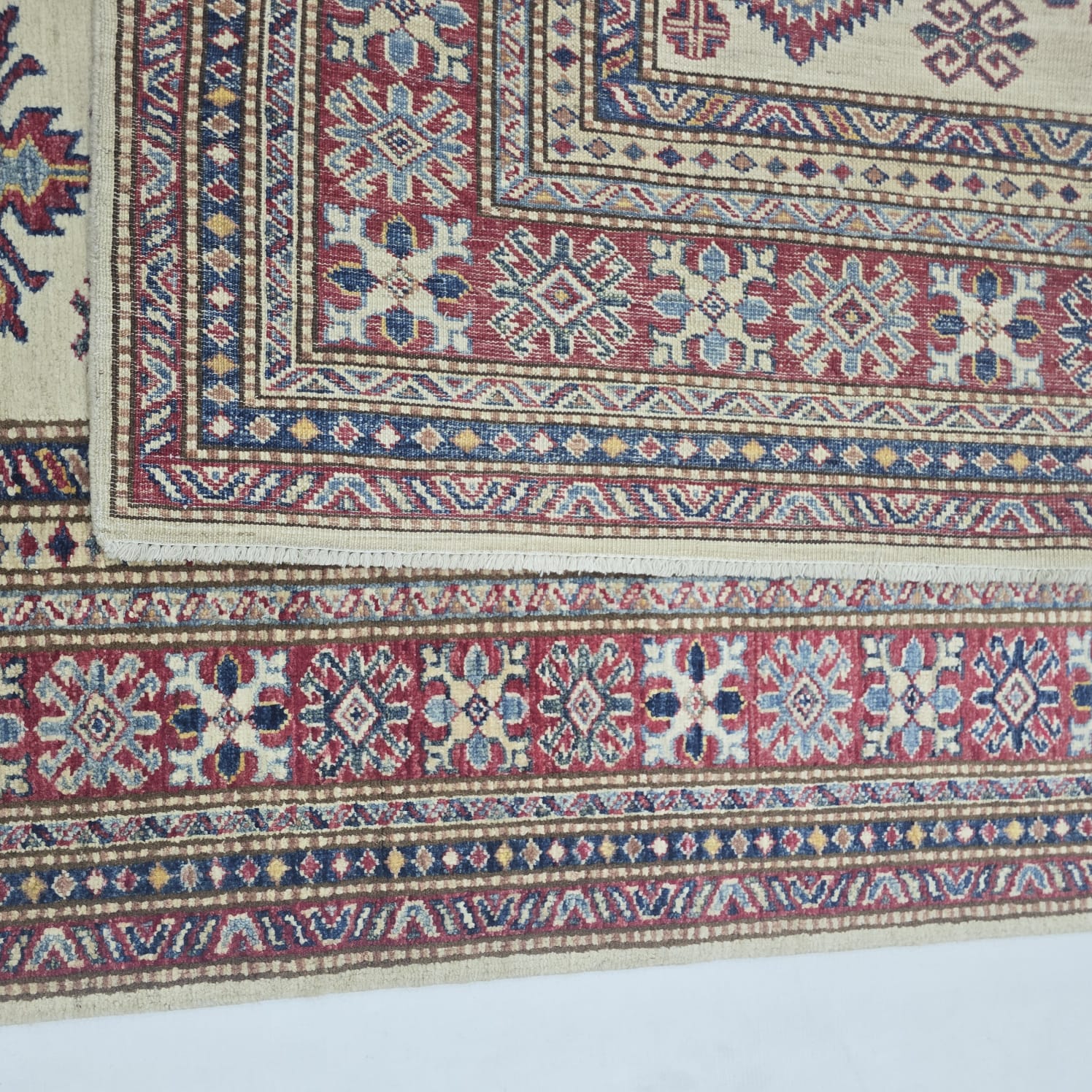 5x7 Beige Super Kazak Geometric Handmade Cotton & Wool Rug | Premium Luxury Area Rug