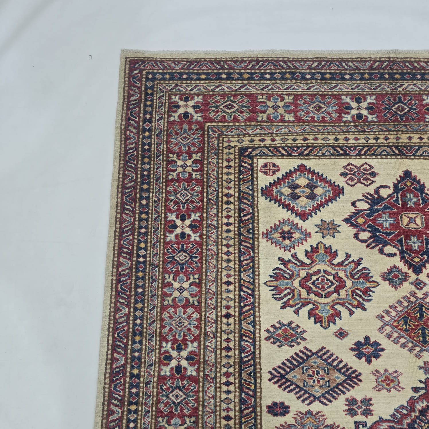 5x7 Beige Super Kazak Geometric Handmade Cotton & Wool Rug | Premium Luxury Area Rug