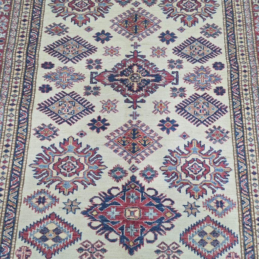 5x7 Beige Super Kazak Geometric Handmade Cotton & Wool Rug | Premium Luxury Area Rug