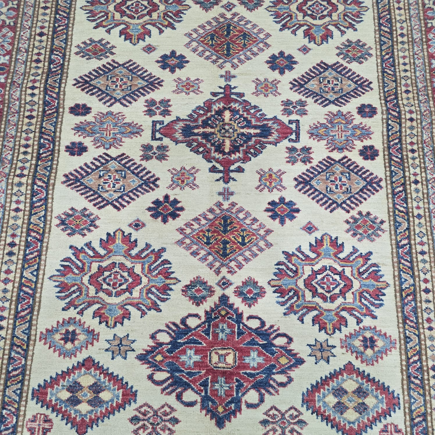 5x7 Beige Super Kazak Geometric Handmade Cotton & Wool Rug | Premium Luxury Area Rug
