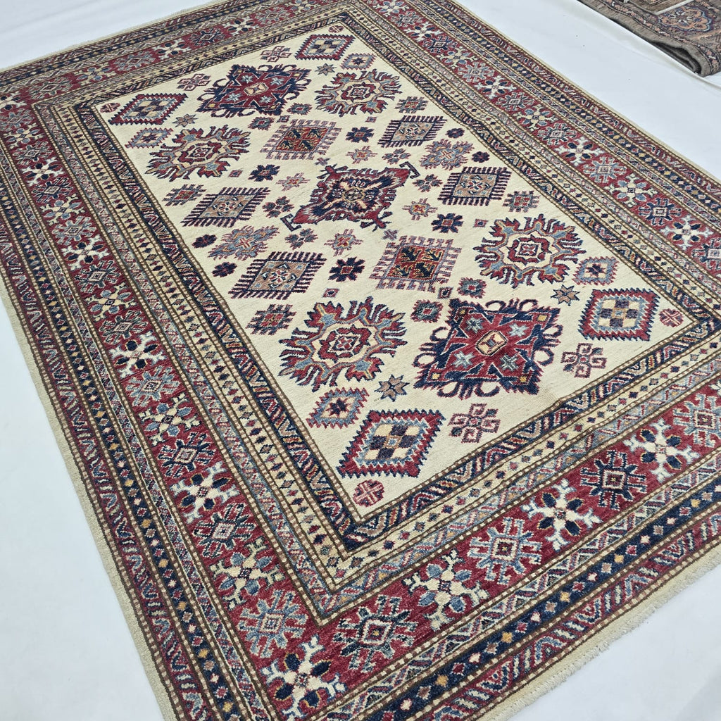 5x7 Beige Super Kazak Geometric Handmade Cotton & Wool Rug | Premium Luxury Area Rug