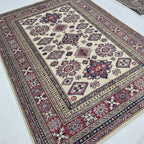 5x7 Beige Super Kazak Geometric Handmade Cotton & Wool Rug | Premium Luxury Area Rug
