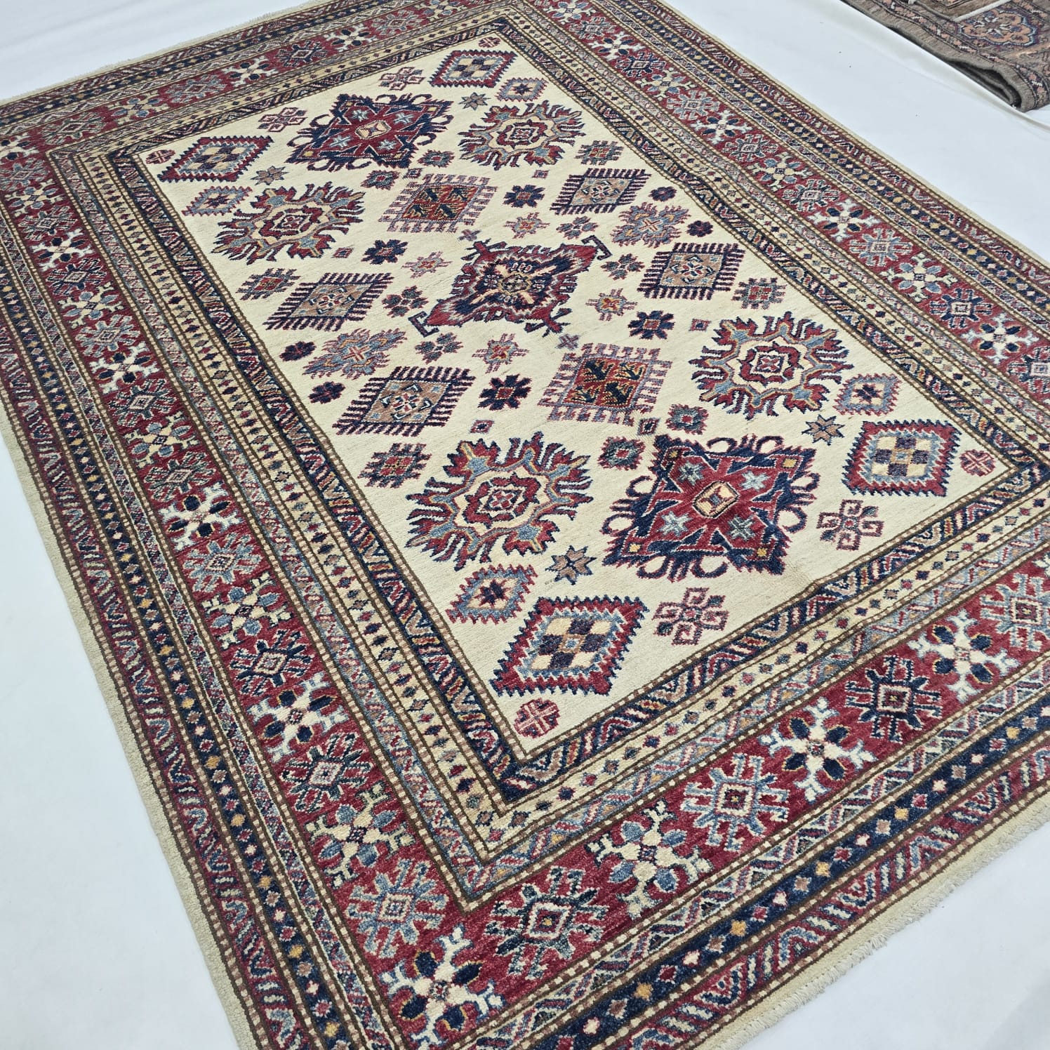 5x7 Beige Super Kazak Geometric Handmade Cotton & Wool Rug | Premium Luxury Area Rug