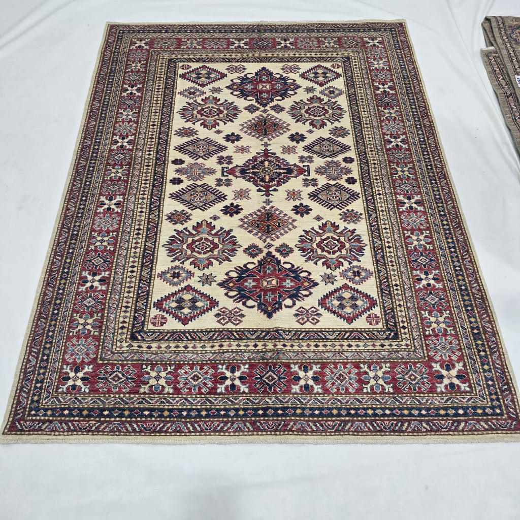 5x7 Beige Super Kazak Geometric Handmade Cotton & Wool Rug | Premium Luxury Area Rug