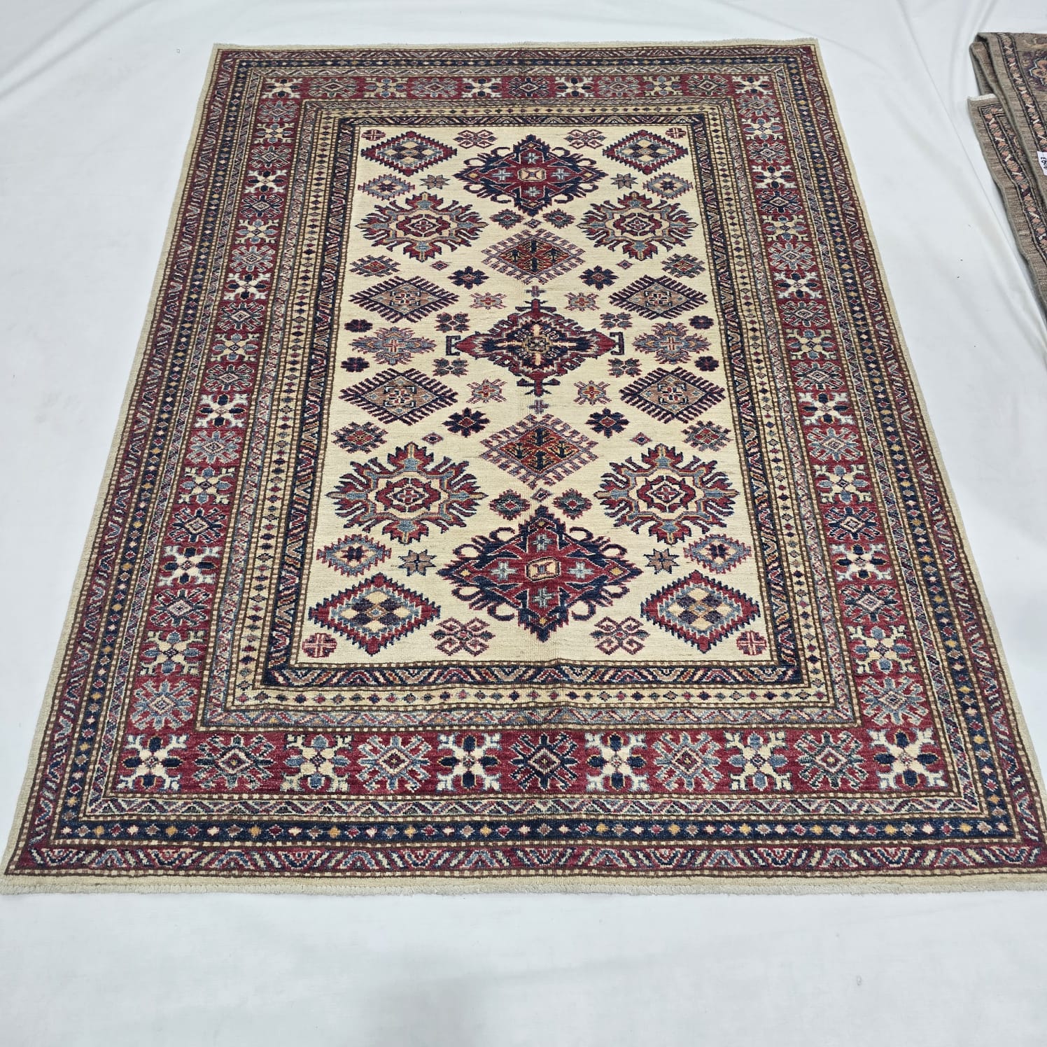 5x7 Beige Super Kazak Geometric Handmade Cotton & Wool Rug | Premium Luxury Area Rug