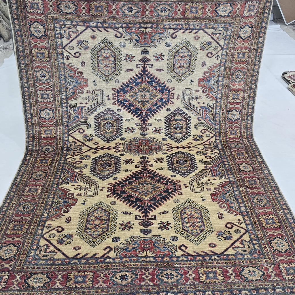 5x7 Beige Super Kazak Geometrical Handmade Cotton & Wool Rug | Premium Luxury Area Rug