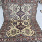 5x7 Beige Super Kazak Geometrical Handmade Cotton & Wool Rug | Premium Luxury Area Rug