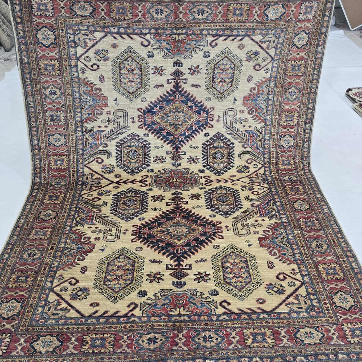 5x7 Beige Super Kazak Geometrical Handmade Cotton & Wool Rug | Premium Luxury Area Rug