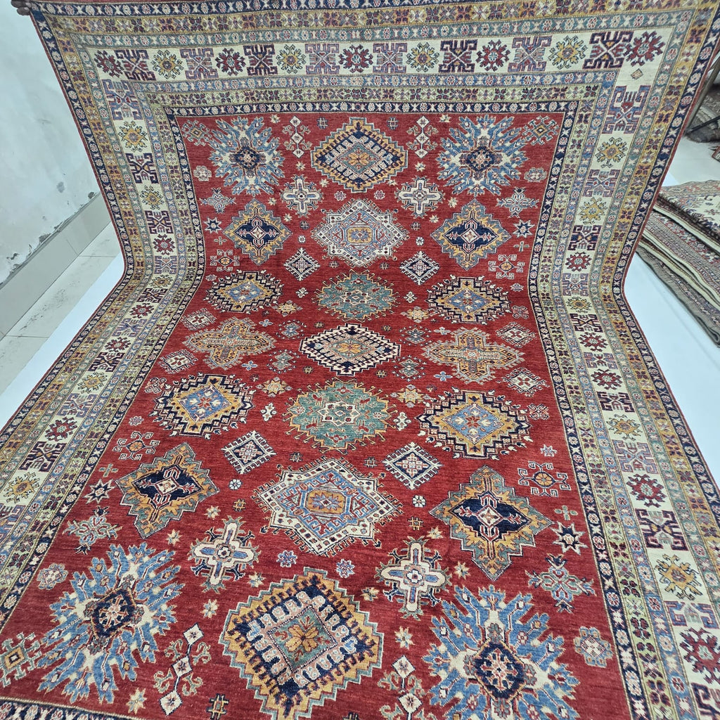 8x10 Red Super Kazak Geometric Area Rug | Handmade Wool & Cotton Rug