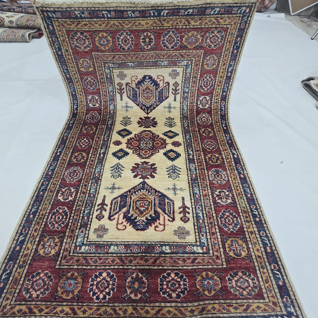 2.5x4 Beige Super Kazak Geometric Area Rug | Handmade Wool & Cotton Rug