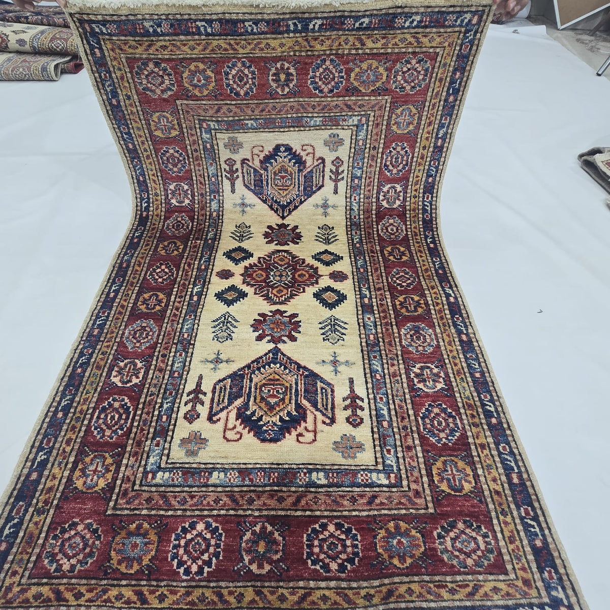 2.5x4 Beige Super Kazak Geometric Area Rug | Handmade Wool & Cotton Rug