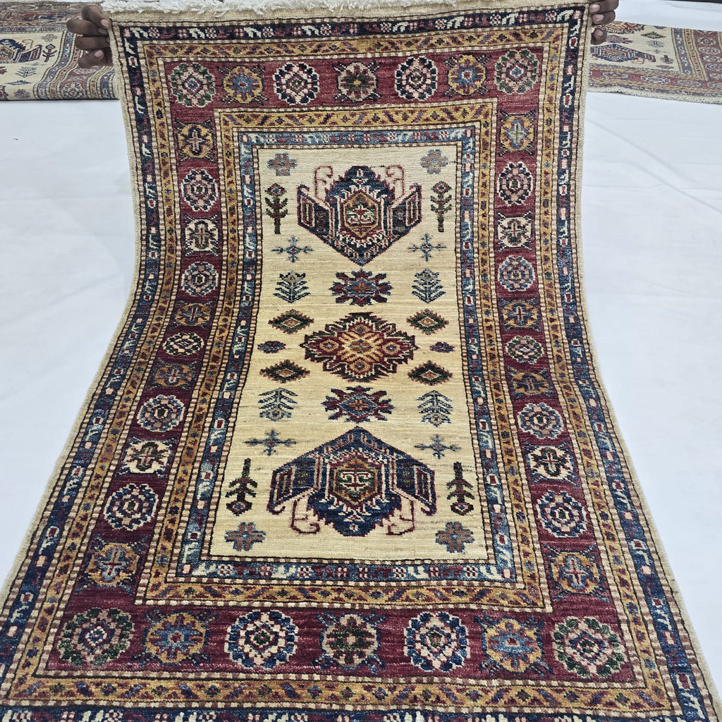 2.5x4 Beige Super Kazak Geometric Area Rug | Handmade Wool & Cotton Rug