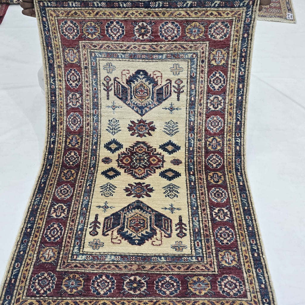 2.5x4 Beige Super Kazak Geometric Area Rug | Handmade Wool & Cotton Rug