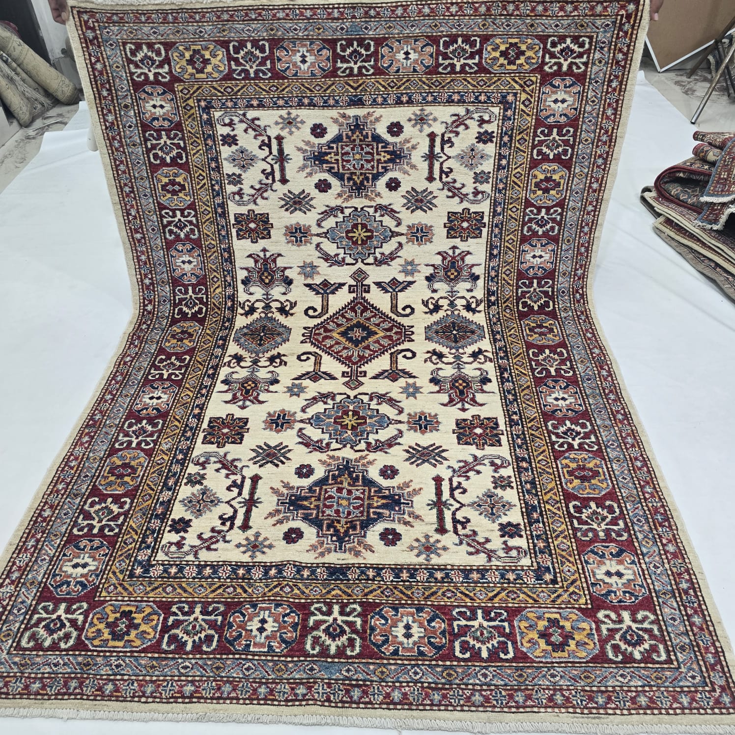 5x7 Beige Super Kazak Geometric Handmade Cotton & Wool Rug | Premium Luxury Area Rug