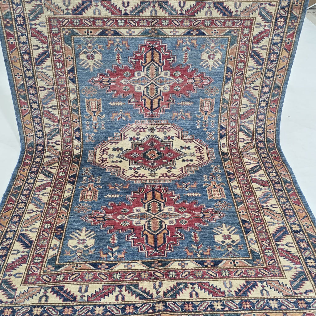 5x7 Blue Super Kazak Geometric Handmade Cotton & Wool Rug | Premium Luxury Area Rug