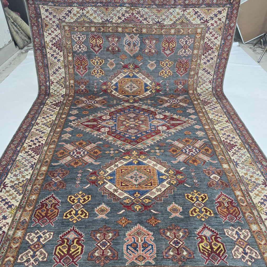 7x10 Gray Super Kazak Geometric Area Rug | Handmade Wool & Cotton Rug