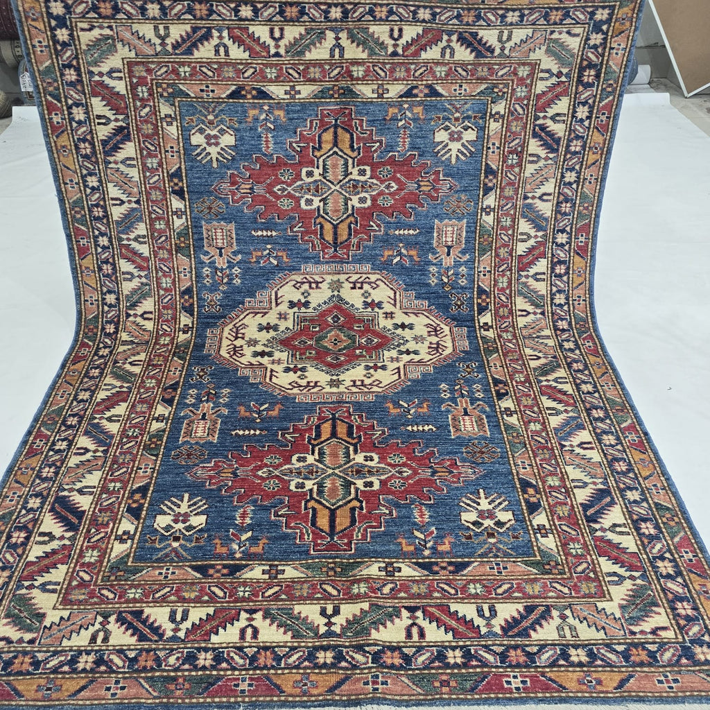 5x6.5 Blue Super Kazak Geometric Area Rug | Handmade Wool & Cotton Rug