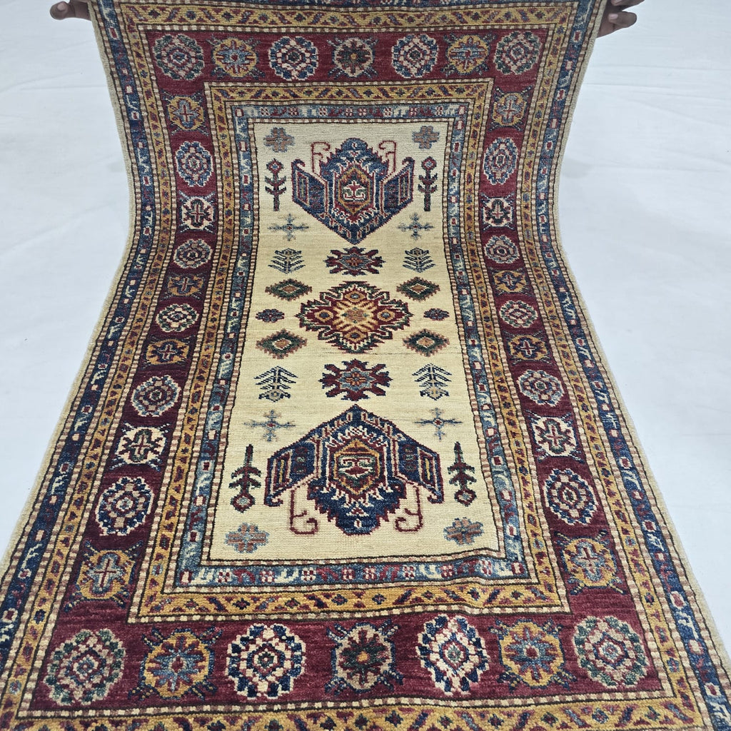 2.5x4 Beige Super Kazak Geometric Area Rug | Handmade Wool & Cotton Rug