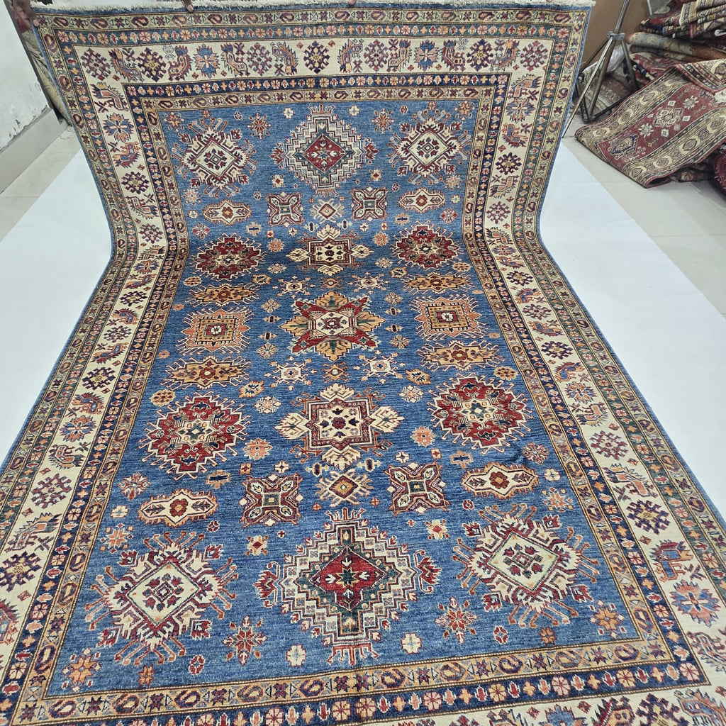 7x10 Blue Super Kazak Geometric Area Rug | Handmade Wool & Cotton Rug