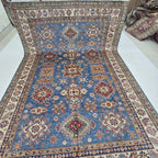 7x10 Blue Super Kazak Geometric Area Rug | Handmade Wool & Cotton Rug