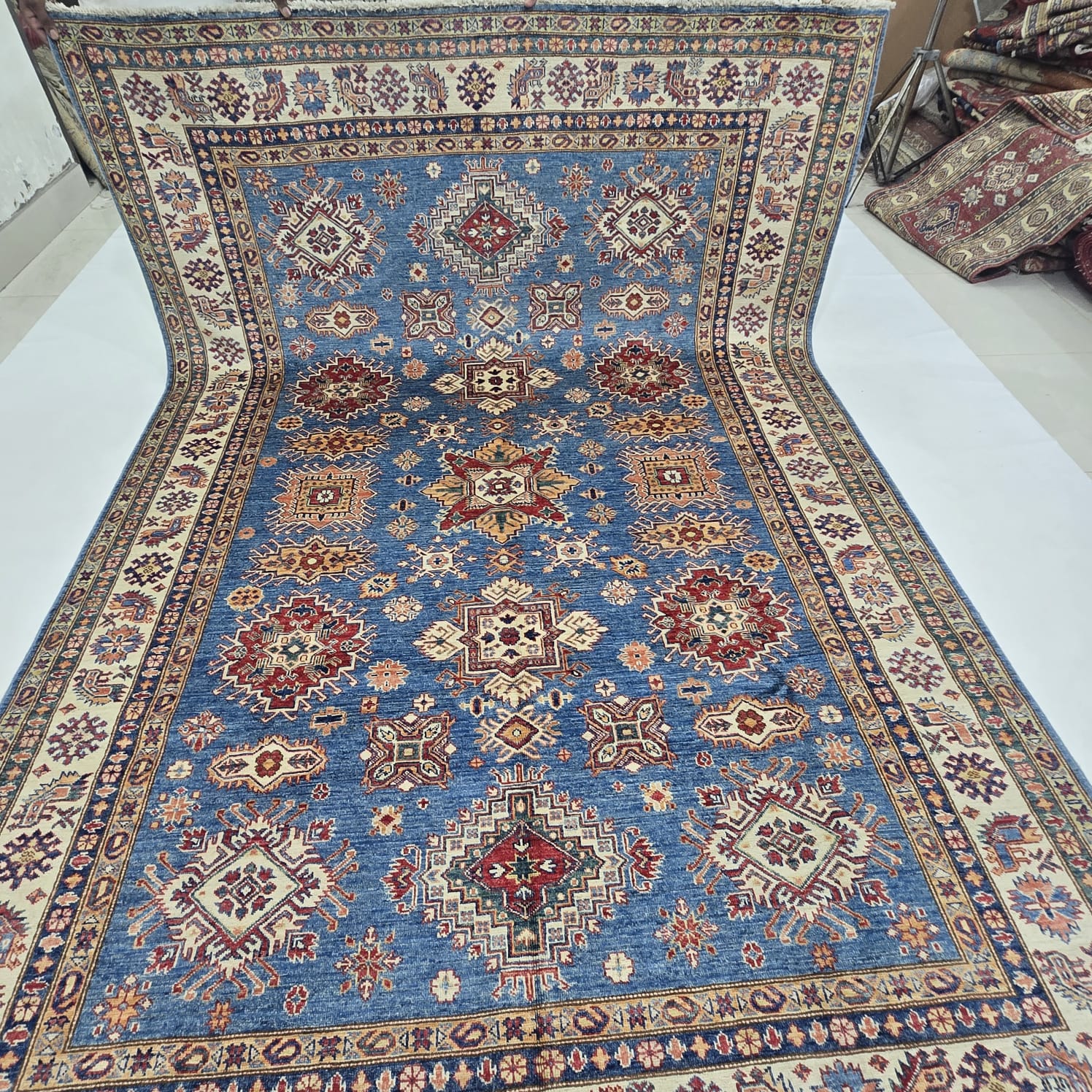7x10 Blue Super Kazak Geometric Area Rug | Handmade Wool & Cotton Rug