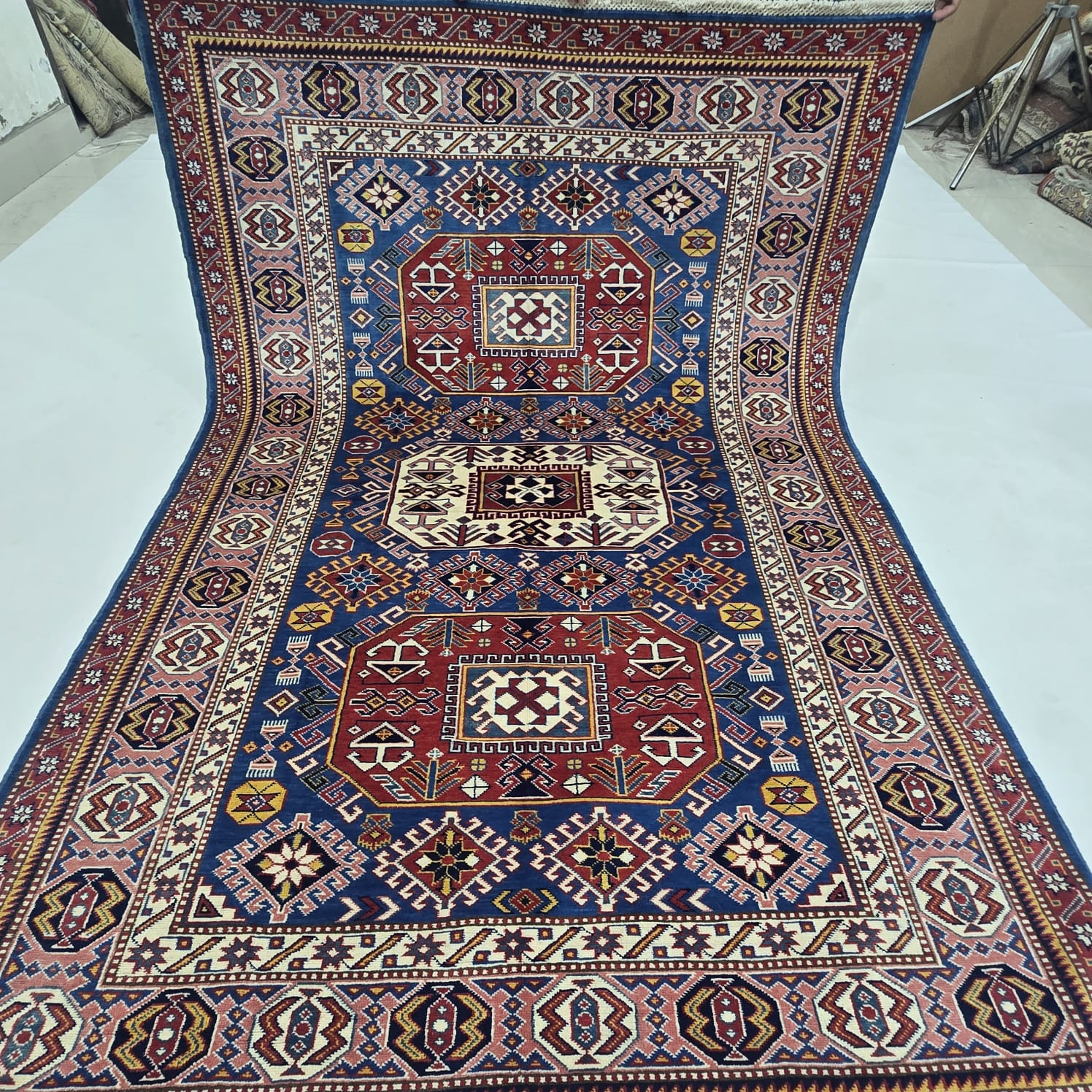5x7 Blue Super Kazak Geometric Area Rug | Handmade Wool & Cotton Rug