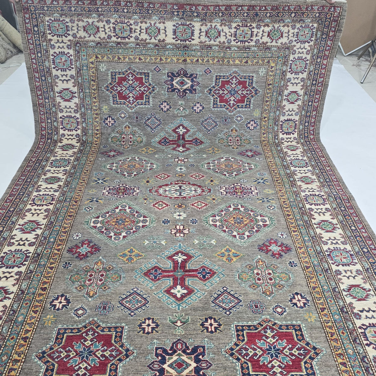 6.5x10 Gray Super Kazak Geometric Area Rug | Handmade Wool & Cotton Rug