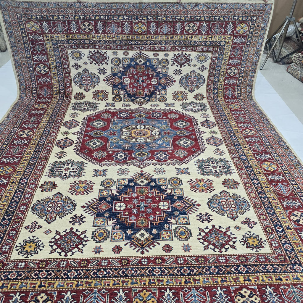 8x10 Beige Super Kazak Geometric Area Rug | Handmade Wool & Cotton Rug