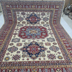 8x10 Beige Super Kazak Geometric Area Rug | Handmade Wool & Cotton Rug