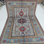 5.5x8 Gray Super Kazak Geometric Area Rug | Handmade Wool & Cotton Rug