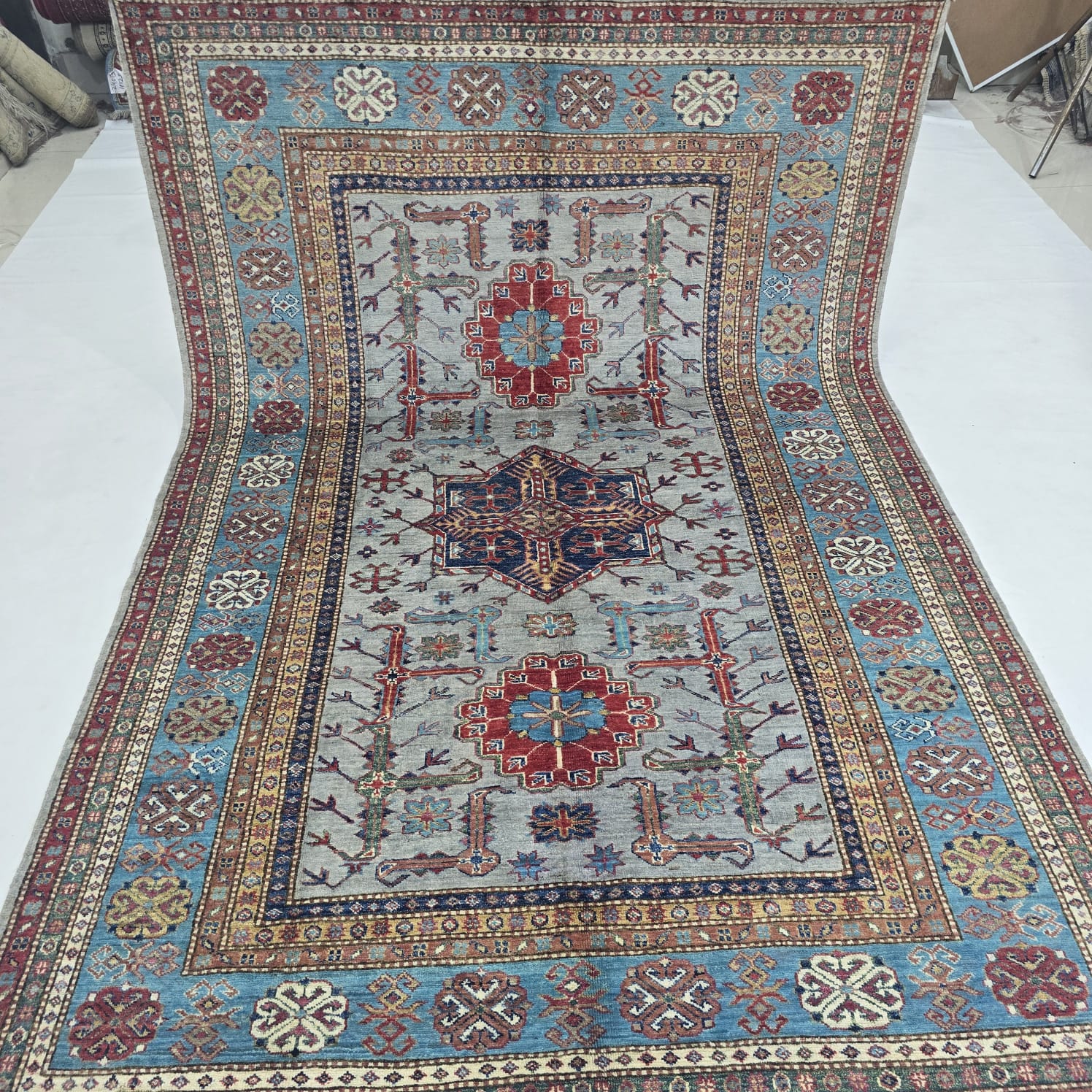 5.5x8 Gray Super Kazak Geometric Area Rug | Handmade Wool & Cotton Rug