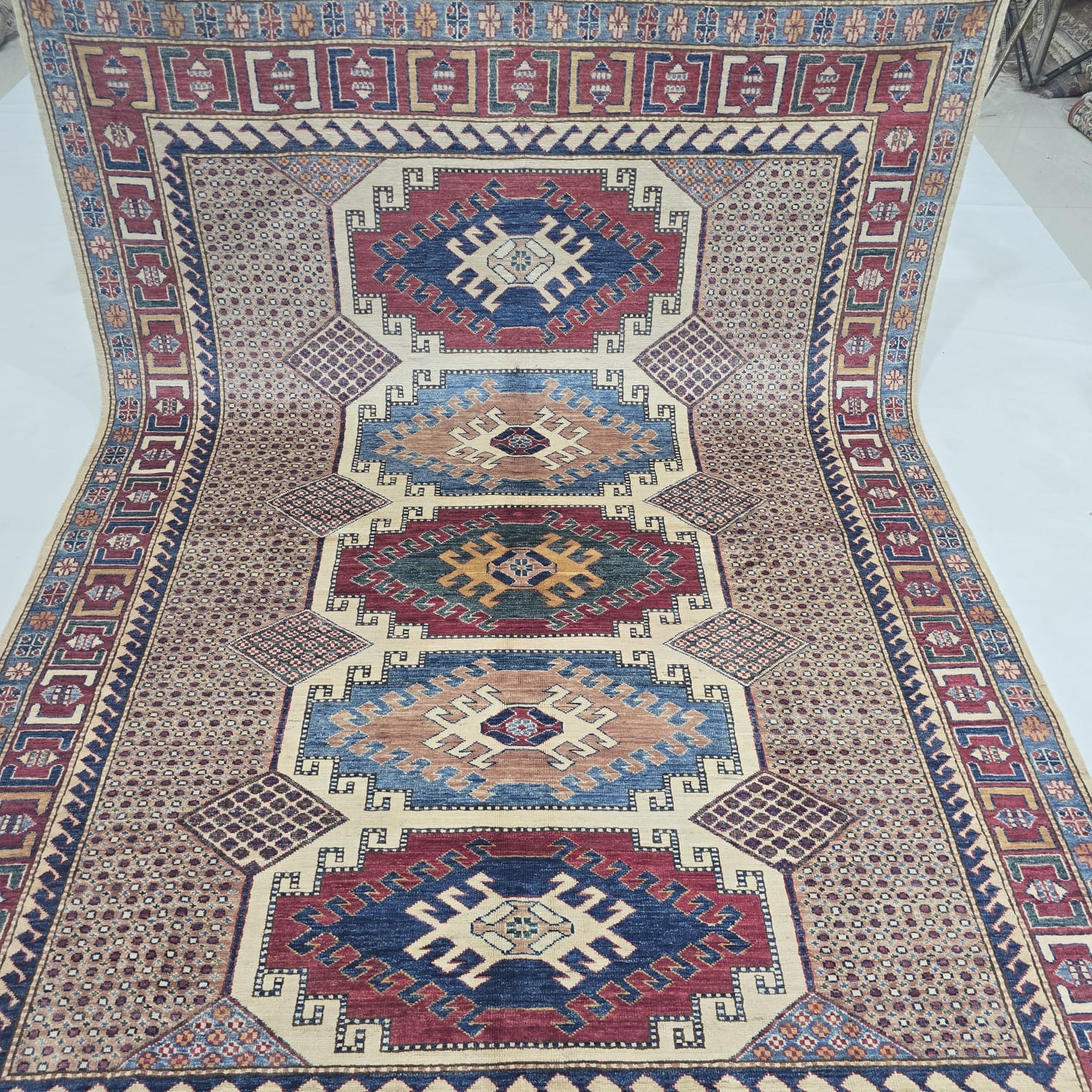 5.5x8 Beige Super Kazak Geometric Area Rug | Handmade Wool & Cotton Rug