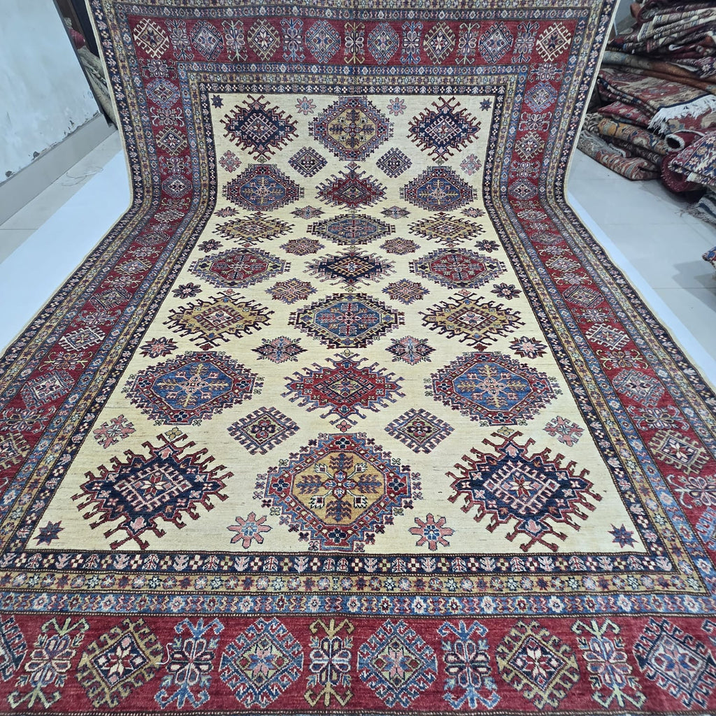 9x12 Beige Super Kazak Geometric Area Rug | Handmade Wool & Cotton Rug